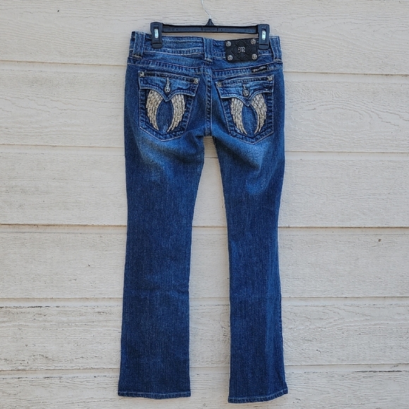 Miss Me Dark Blue Boot Cut Jeans Fallen Angel Wings Gems Rhinestones Embroidered - Picture 7 of 14